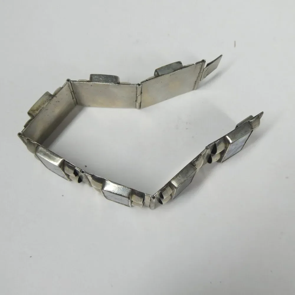 Mother of Pearl Panel Link Bracelet Abalone Sterling Silver Taxco Mexico Vintage